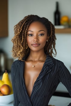 Confident woman with curly hair in stylish attire poses in modern kitchen with fresh fruits photo