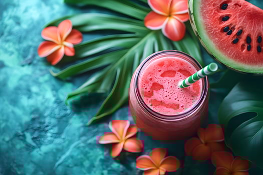 Tropical Summer Refreshment with Watermelon Smoothie and Exotic Flowers photo