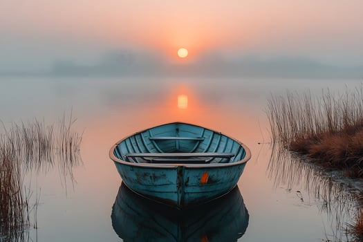 Tranquil Dawn with Rowboat on Misty Lake Reflecting Sunrise Serenity photo