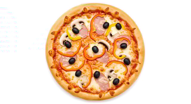 pizza top view flat lay isolated white background shadow colorful mix ingredients toppings pepperoni mushrooms olives Italian cuisine project food trends graphic design elements social media photo