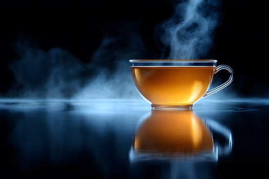 Steaming Hot Tea Cup on Reflective Surface for Beverage and Relaxation Themes photo