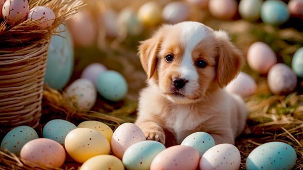 Cute puppy among Easter eggs decoration greetings background photo