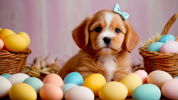Cute puppy with a bow among Easter eggs decoration greetings card photo