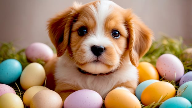 Cute doggy among Easter eggs decoration greetings card photo