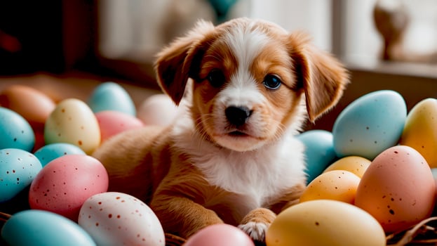 Cute little puppy among Easter eggs decoration greetings card photo