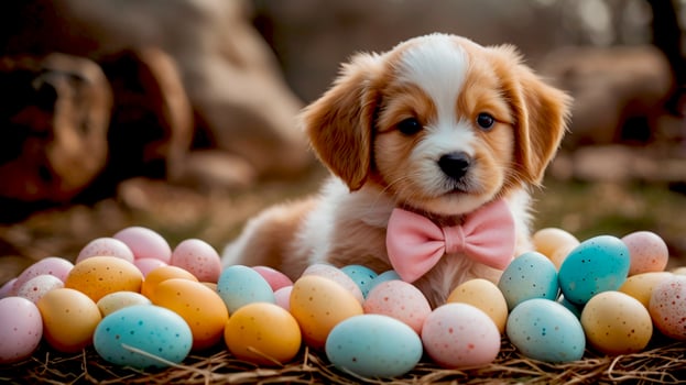 Cute puppy among pastel Easter eggs decoration greetings card photo