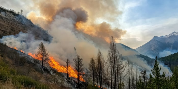Intense forest fire spreading through mountainous wilderness area with dense smoke photo