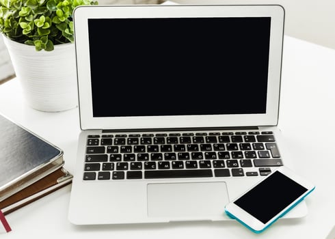 Workspace setup with a laptop, smartphone, and a plant in a bright, modern office environment photo