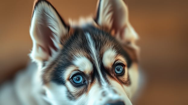 Close-up view of a playful husky puppy with striking blue eyes and a friendly expression in a cozy indoor setting photo