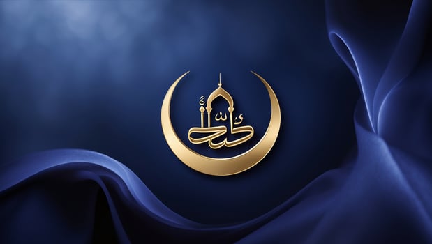 Gold crescent moon and mosque silhouette on deep blue background showcasing Islamic art and culture photo