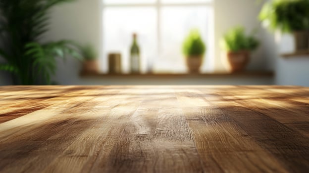 A wooden table with a view of a window and potted plants photo