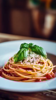 Italian pasta with tomato sauce and basil leaves on a white plate photo