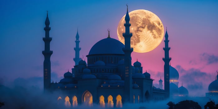 Majestic mosque silhouette with a full moon glowing in the night sky over a tranquil landscape photo