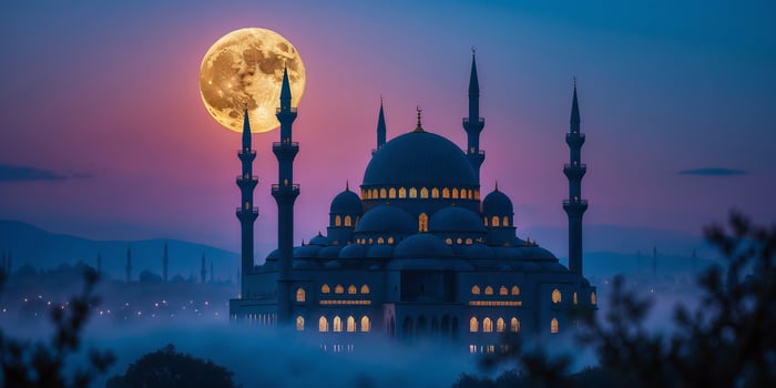 Majestic mosque illuminated under a glowing moonrise at dusk in a serene landscape photo
