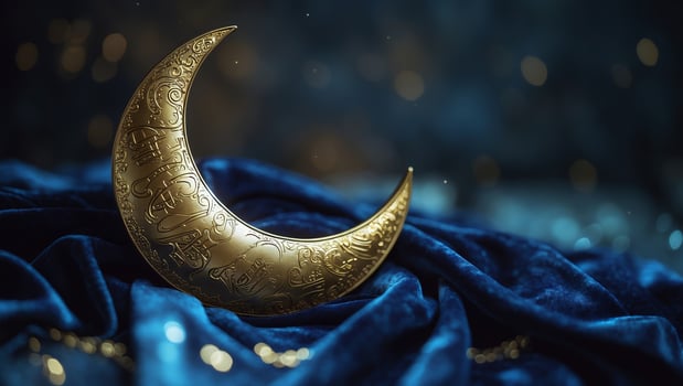 Decorative crescent moon on rich blue fabric creates a mystical ambiance for an evening celebration photo