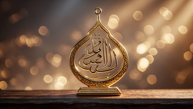 Elegant Arabic calligraphy adorns a decorative piece on a wooden surface with shimmering golden light in the background photo