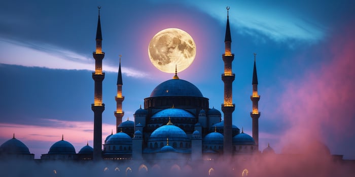 Majestic mosque silhouette against a full moon at dusk with vibrant clouds in the background photo