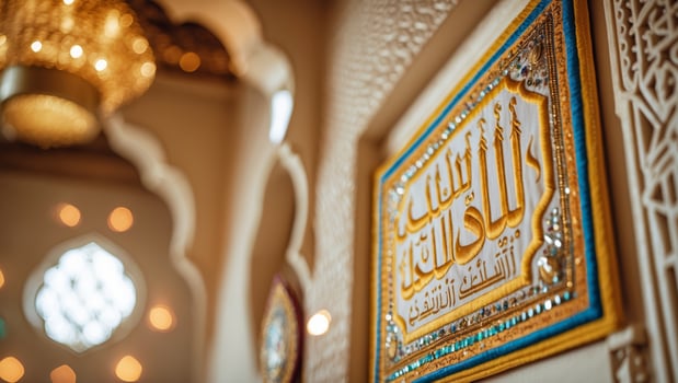 Beautiful calligraphy art in a decorative interior showcasing cultural craftsmanship and elegance photo