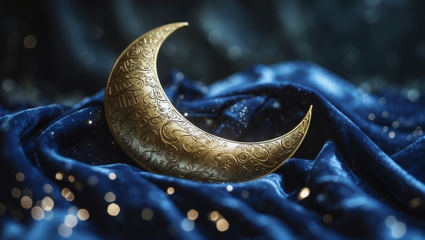 Golden crescent moon resting on blue velvet fabric with sparkling details photo