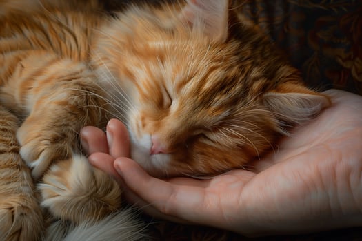 A cat sleeping on a person's hand photo