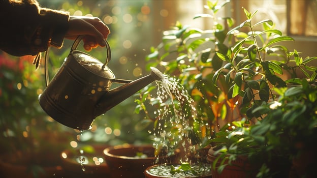 A person watering a plant with a watering can photo