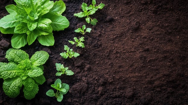 Fresh greens growing in a garden bed with rich soil at midday photo