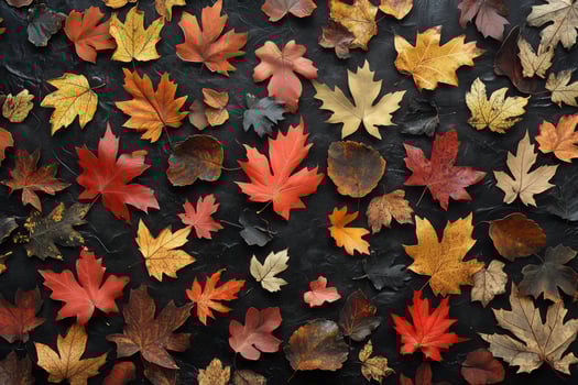 Colorful autumn leaves scattered on dark surface showcase nature's seasonal beauty photo