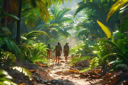 Three people walking through a jungle photo