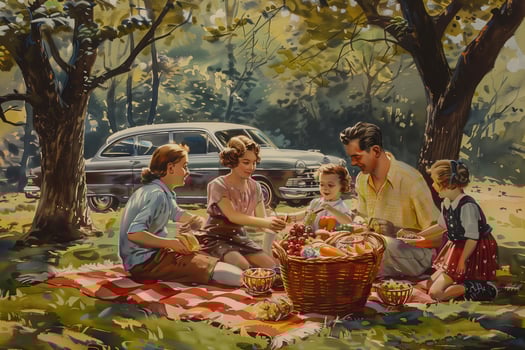 A painting of a family having a picnic in the park photo