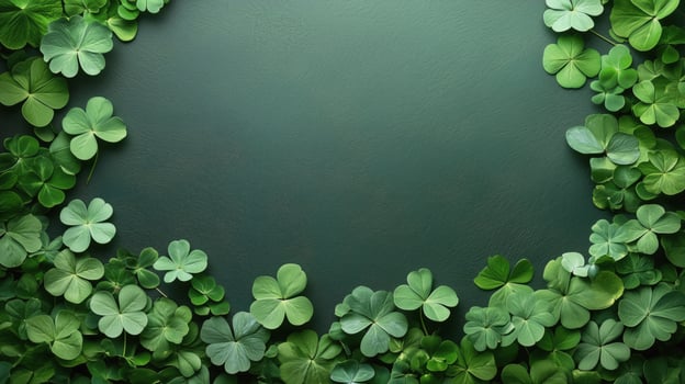 Green clover leaves arranged in a circular pattern on a dark background photo