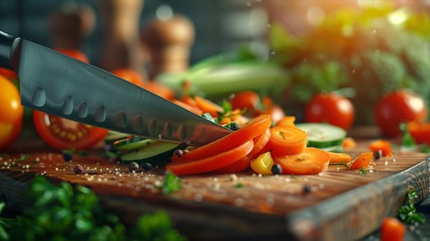 A knife cutting vegetables on a cutting board photo