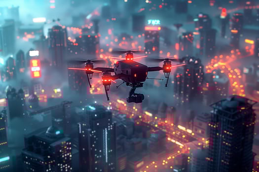 A drone flying over a city at night photo