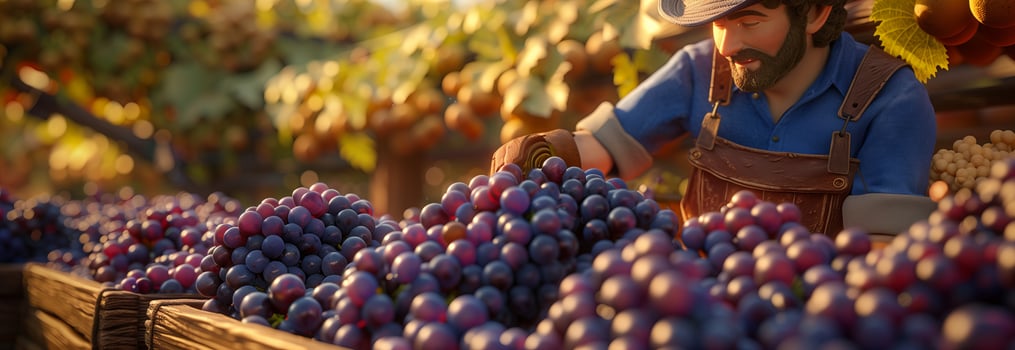A man is picking grapes in a field photo