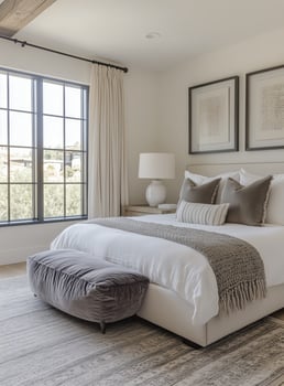 Cozy modern bedroom with neutral tones and large windows letting in natural light photo