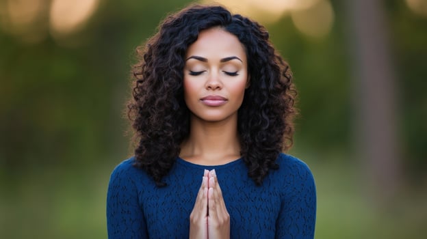 Christian Woman Sits Piously in Church, Praying Hands, Seeks Guidance and Religious Faith and Spiritual Belief in God. She is Focused on her Spirituality with Closed Eyes photo
