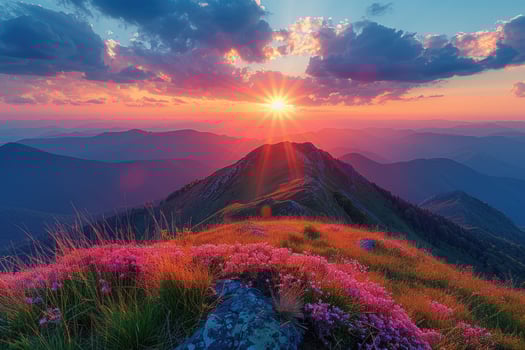 Inverse to the mountain tops and the sunset with the rays of the sun. photo
