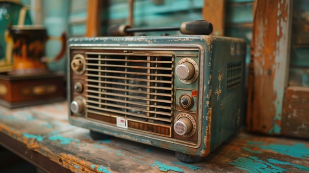 Vintage radio on wooden shelves showcasing diverse retro designs. photo