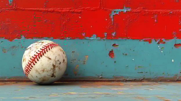 Vintage baseball resting on a weathered surface in an abandoned sports facility photo