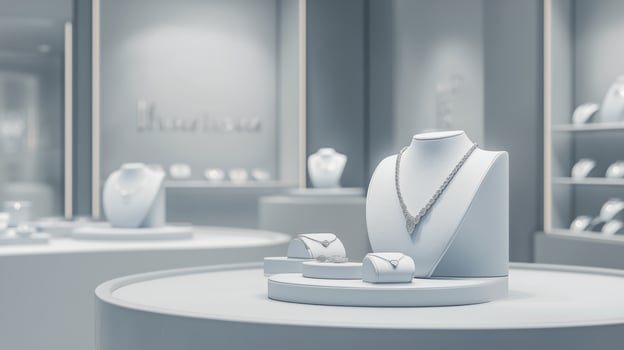 Elegant jewelry display showcases exquisite necklaces and rings in a modern showroom setting photo