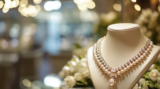 Elegant pearl and diamond necklace displayed in a luxurious boutique setting photo