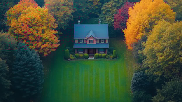 Cozy house surrounded by vibrant autumn trees in a serene landscape photo