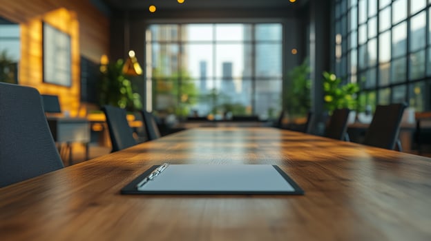 Modern workspace with large wooden table and city skyline view during late afternoon photo