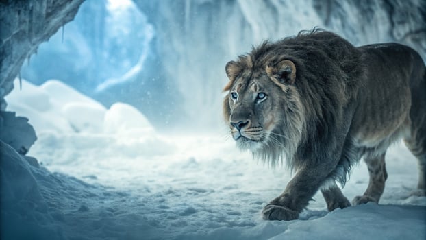 A hyper realistic 16K resolution artistic reconstruction of a prehistoric Cave Lion prowling photo