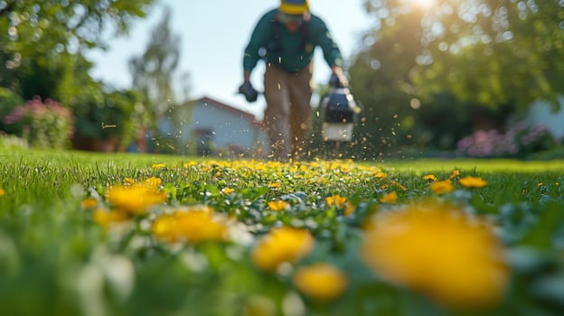 Gardener applying fertilizer on a sunny day among blooming flowers in a suburban yard photo