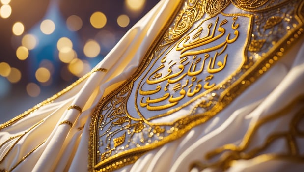Elegant close-up of a decorated ceremonial flag with intricate golden embroidery during a cultural celebration at dusk photo
