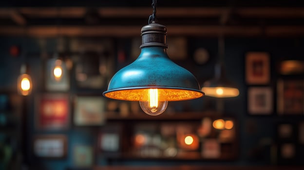 Vintage hanging light fixture illuminating a cozy indoor space at night photo