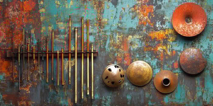 Antique musical instrument parts hang on a weathered wall photo
