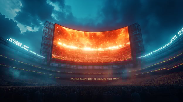 Spectacular night event showcasing a massive illuminated screen in a bustling stadium environment photo