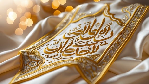 Elegant calligraphy adorns luxurious fabric, showcasing traditional artistry and intricate design for a cultural celebration photo