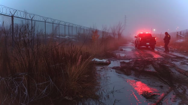 An emergency response team assesses a wet and foggy location, illuminated by red lights from a vehicle parked nearby. The area is surrounded by a chain link fence and overgrown vegetation. photo